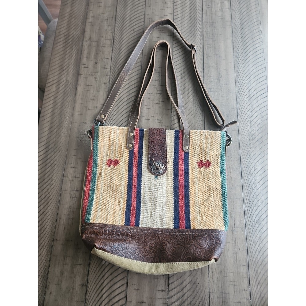 Myra Bag Neutral Woody Goody Tote Aztec Western Rug Tooled Embossed Leather